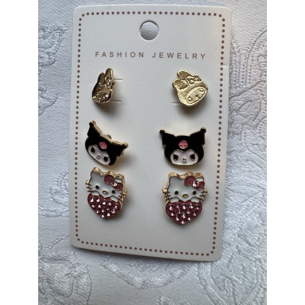 HELLO KITTY Karomi 6 PC Set Gold-Tone Rhinestone Stud Earrings Colorful NEW - Picture 4 of 5